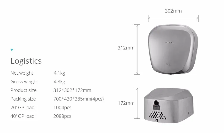 AK2900 Automatic Infrared Sensor Hand Dryer with  Filter  Hepa, Stainless Steel, Ideal for Bathroom & Commercial Use