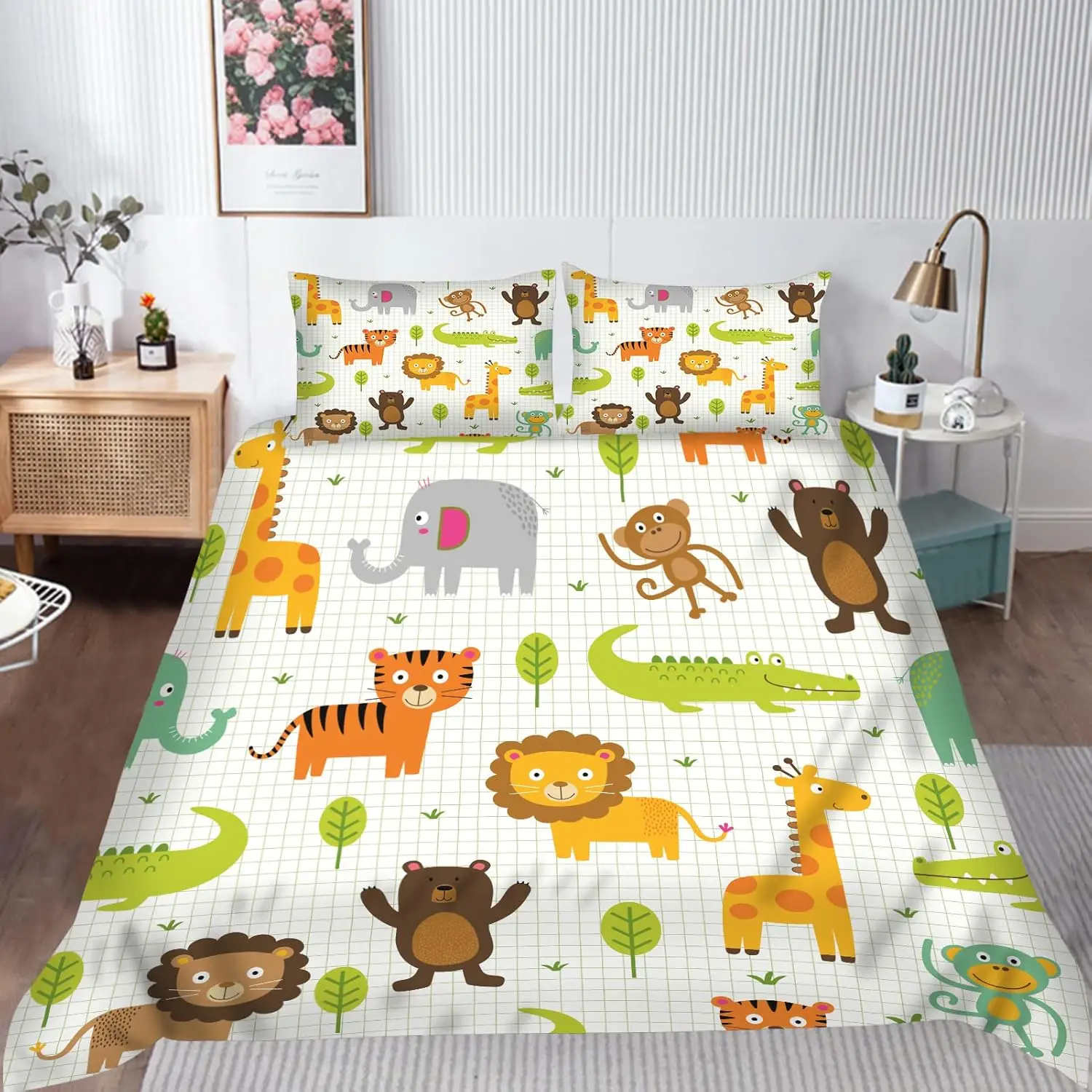 Safari Animal Duvet Cover Set Lion Tiger Giraffe Bedding Set with 2 Pillowcase Zipper Closure 3-Piece Kids Boys Girls Single