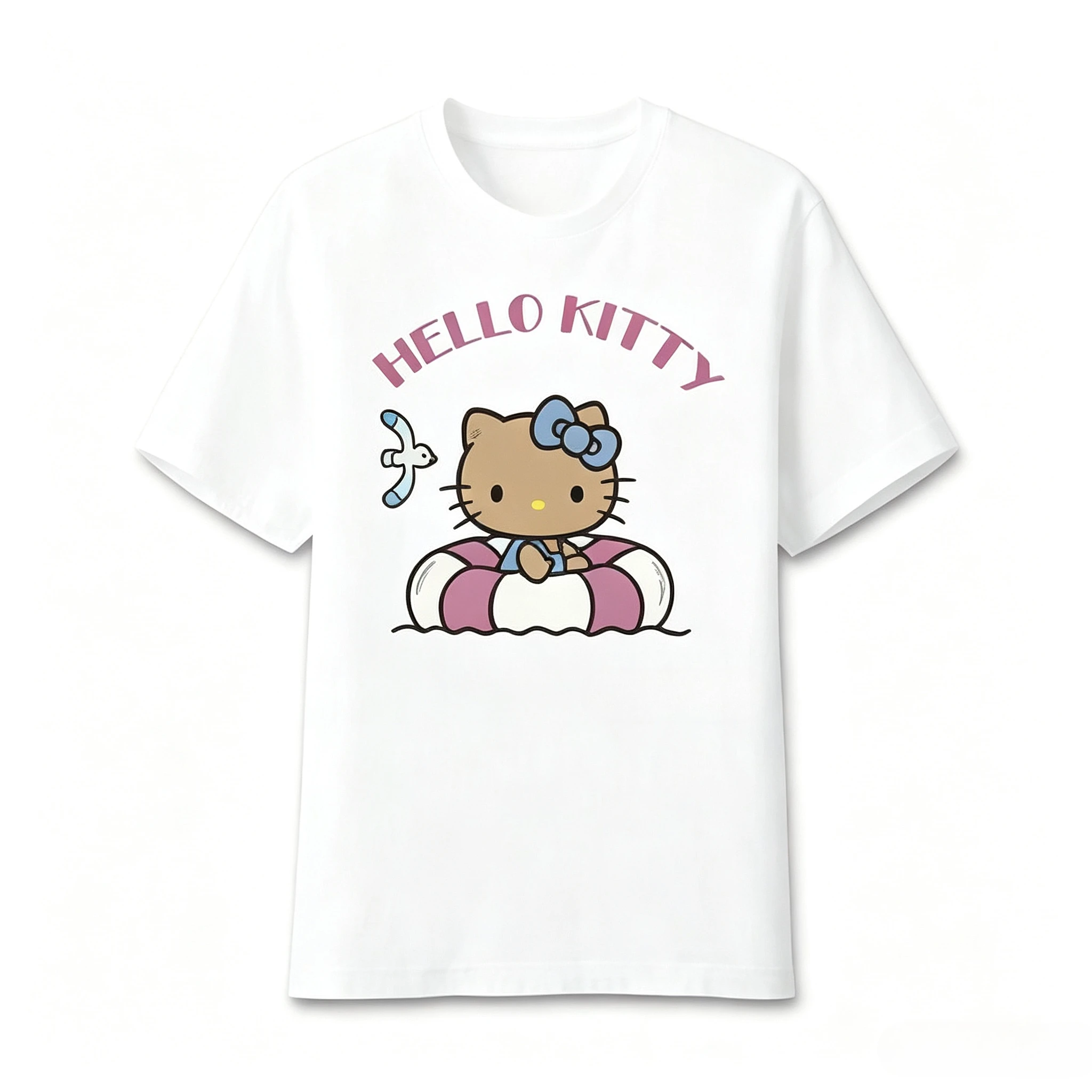 Hello Kitty UNIQLO Summer Swim Ring T-shirt Women Men Kids Casual Short Sleeve Cute Beach Holiday Graphic Print Tee Top