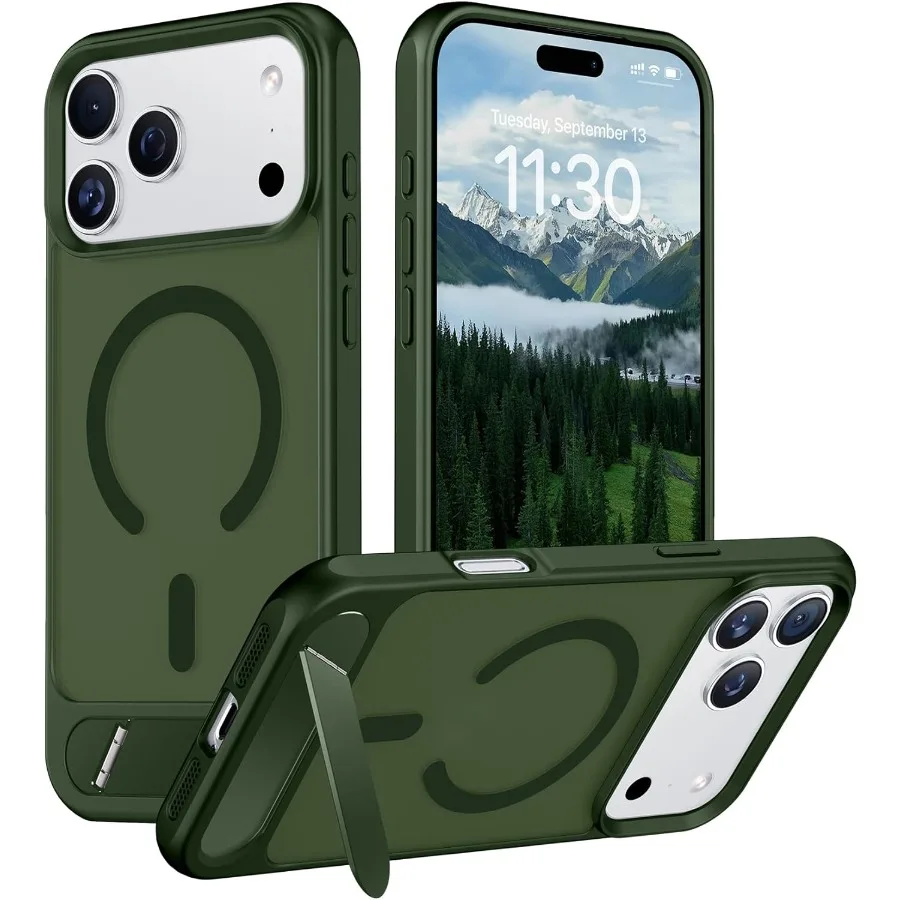 

Предназначен для iPhone 17 Pro Max. Чехол со встроенной невидимой подставкой для просмотра громкой связи. Совместим с MagSafe.