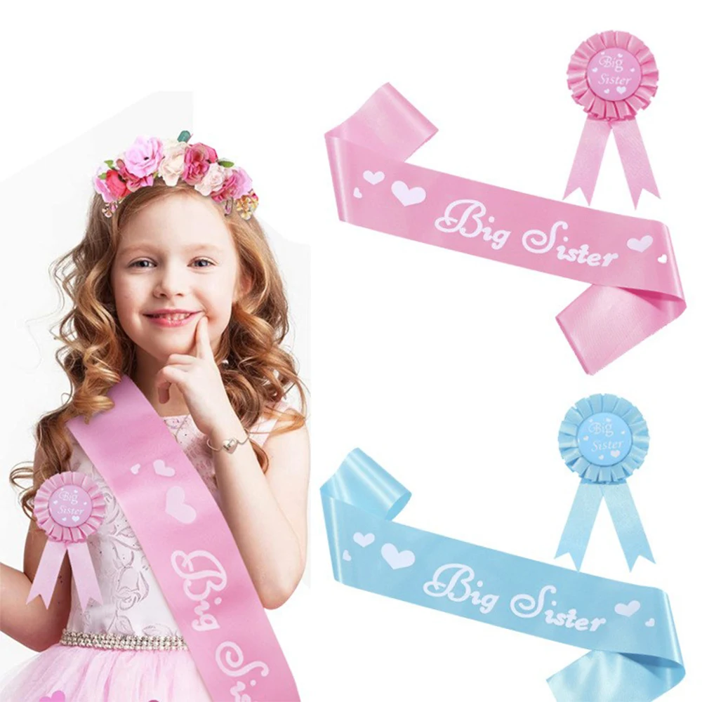 Baby Shower for Girls Big Sister Sash And Tinplate Badge Combo Kit Pink Blue Baby Gender Reveal Party Gifts Decorations Supplies