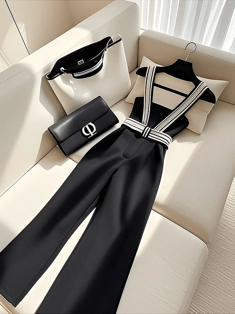 Frence Fashion Black  Jumpsuit Women Elegance Strap Camisole Wide Leg Pant Jumpsuit Summer Office Lady Design Style Formal