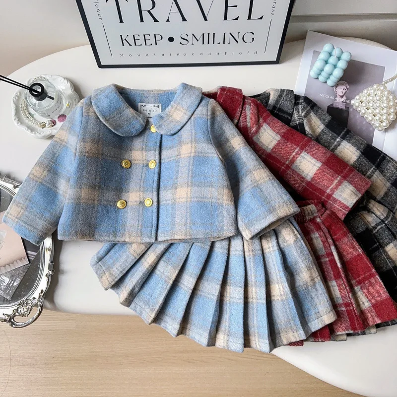 

Children's Outfit Skirt New Winter Girls' Plaid Academy Style Jacket+Pleated Skirt Refreshing Two-Piece Set