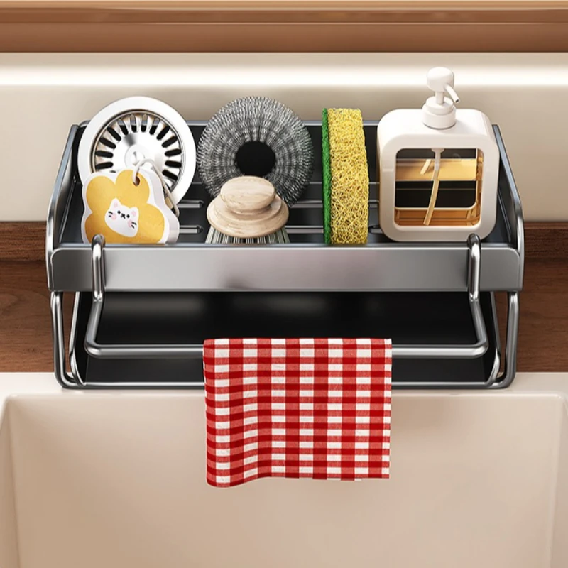 Automatic Drain Sponge Holder for Kitchen Sink - Rust-Resistant Carbon Steel, Keeps Counter Dry, Organizes Sponge & Scrubbers