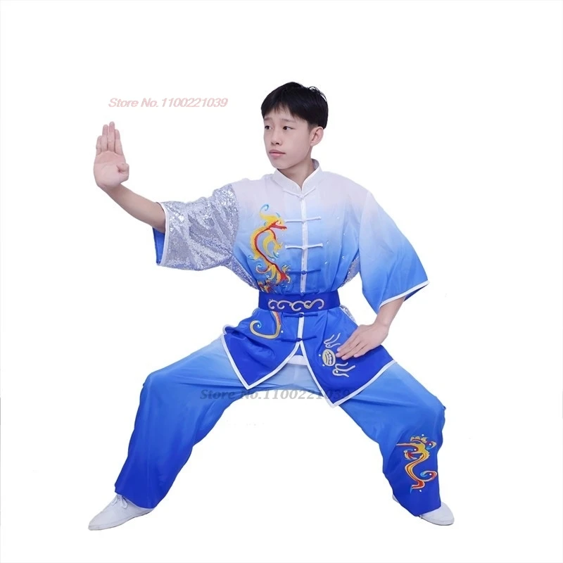 2024 traditional chinese kung fu costume children dragon embroidery sequin wushu uniform suit kung fu shaolin exercise training