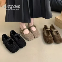 Zapatos planos de Ballet con punta cuadrada para mujer, zapatos Mary Jane de piel de peluche cálida, mocasines elegantes de felpa esponjosa, diseño de marca