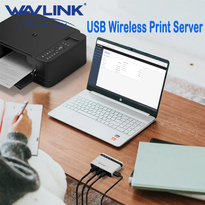 WAVLINK USB Wireless Print Server 10/100Mbps LAN/Bridge Support Wired/Standalone Modes Compatible With Windows/Mac Printers