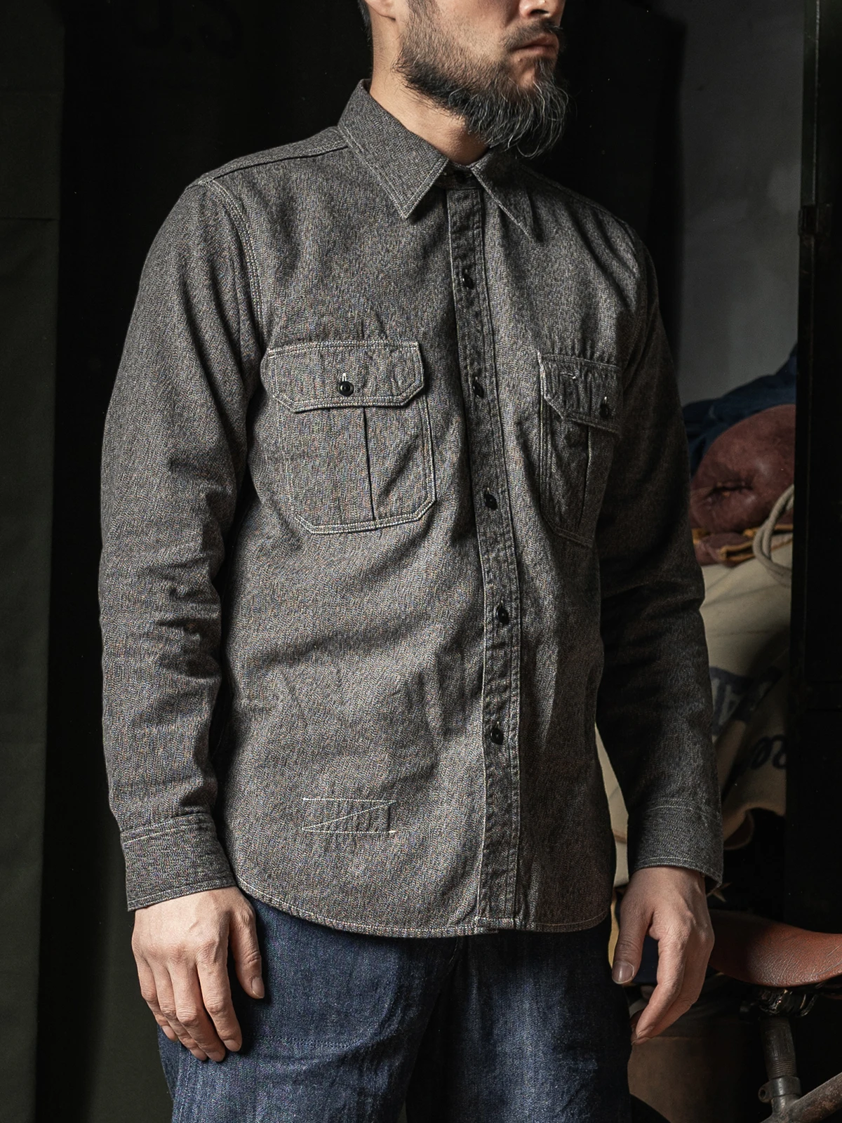 

Rugged Bronson Workwear Shirt Pepper Salt Windbag Pocket 1930s Retro Three-Needle Work Shirt Khaki Long Sleeve Standard Fit