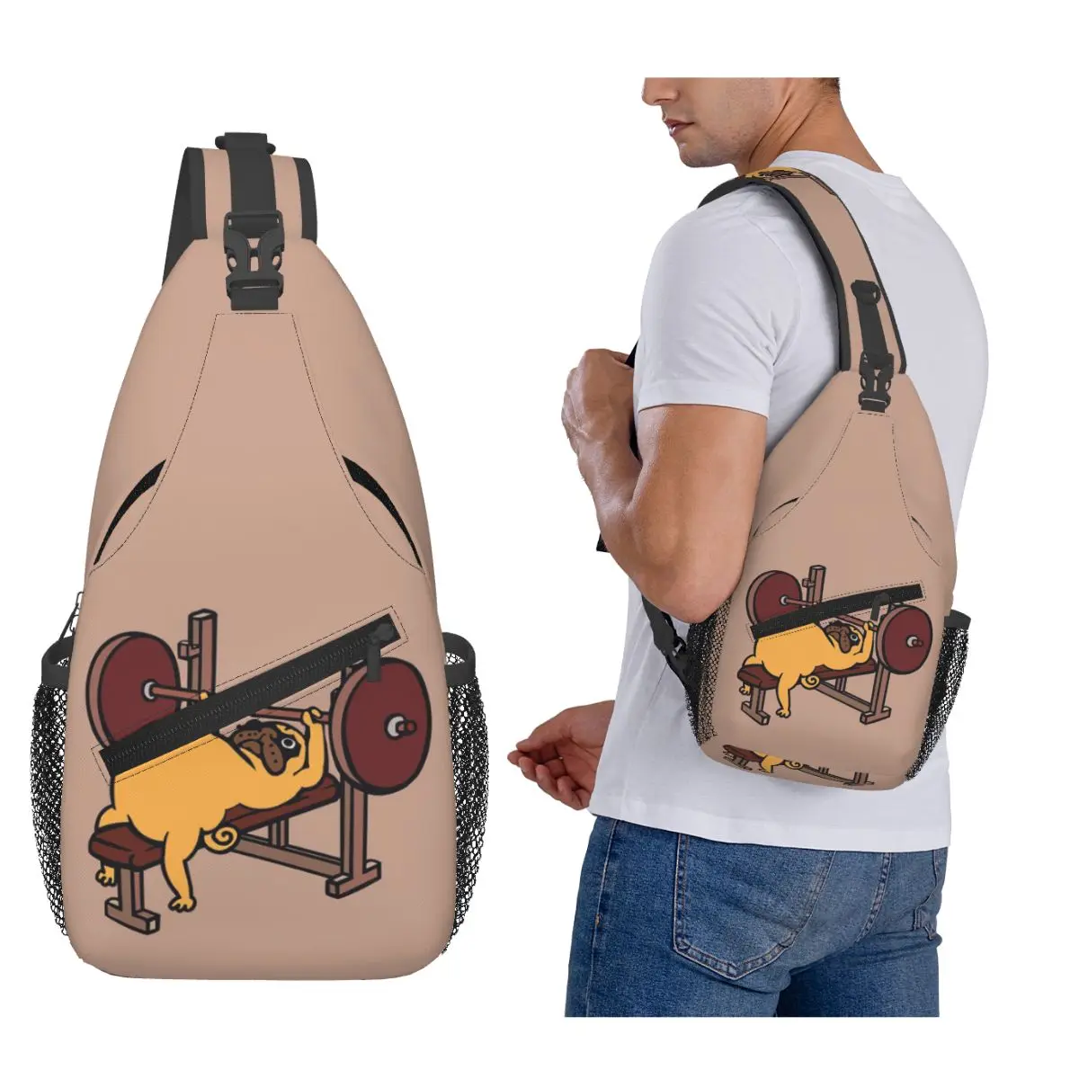

Pug Bench Press Chest Bag Men Sling Crossbody Backpack Chest Bag Travel Hiking Daypack Shoulder Bag