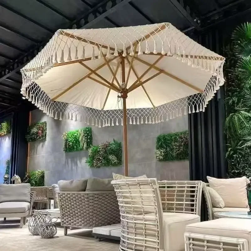 Modern White Macrame Vintage Sports Venues Umbrella Aluminum Wooden Pole Cotton Cloth Tassels Henghui HHD-19 2m-3m Sizes