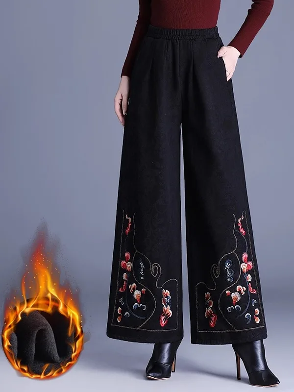Thickened Fleece Wide Leg Pants Women's Autumn Winter Straight Cut Casual Trousers Ethnic Embroidery Flattering Mom Jeans