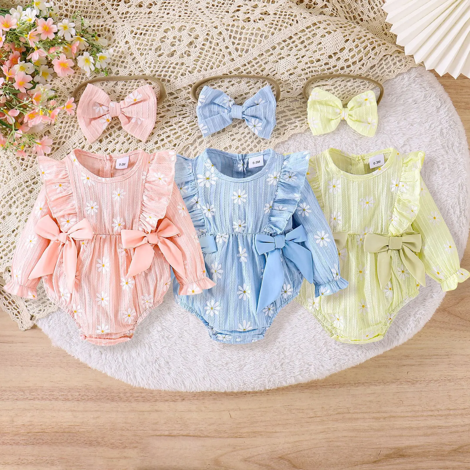 

Детские комбинезоны UNITIM для девочек, с цветочным жаккардовым узором, для новорожденных, весенние, с бантом, для малышей, боди, комбинезоны для младенцев