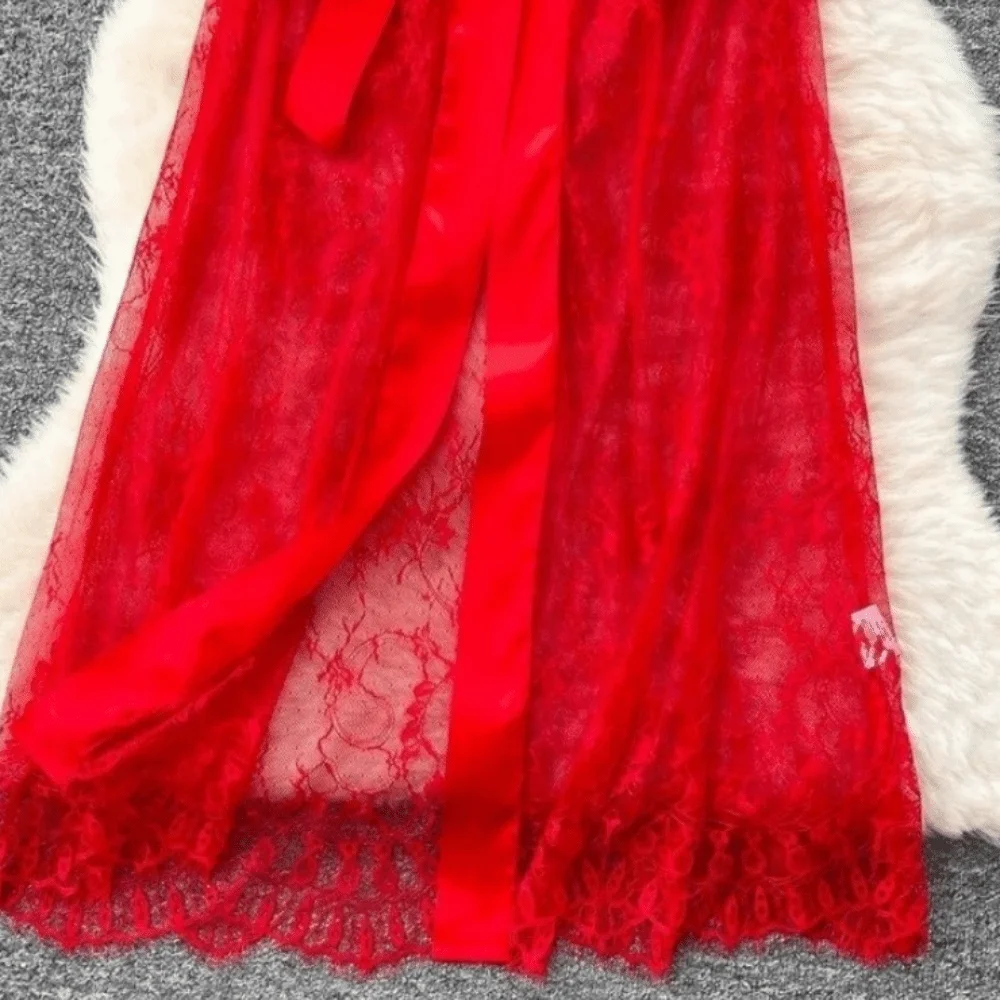 Long Sleeve Long Lace Robes Ultra-thin Hollow Out Sheer Robes Dress Nightdress Transparent Lady Pajamas Appointment