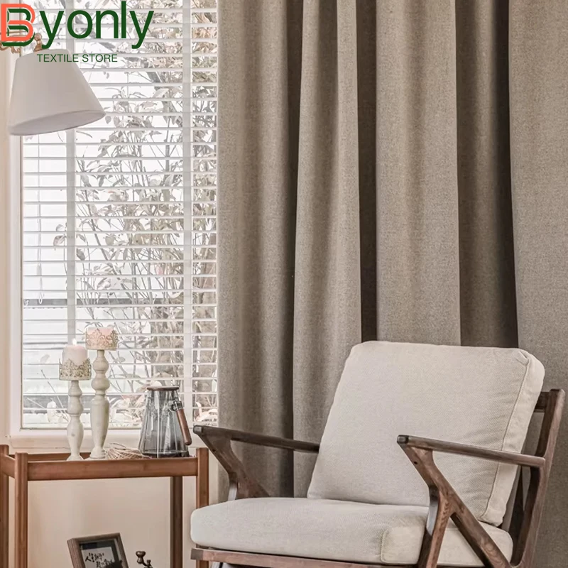 Customized Solid Color Cotton and Linen Blackout and Sound Insulation Curtains for Living Room Bedroom French Window Balcony