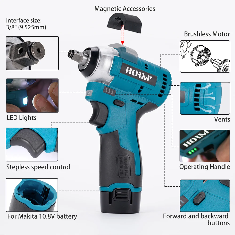10.8V Brushless Electric Wrench 120NM 3/8 Ratchet Wrench Angle Drill Screwdriver Impact Driver Removal Screw Nut Car Repair Tool