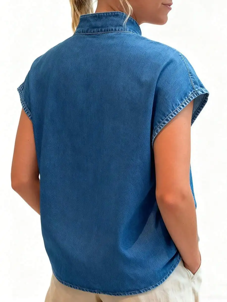 Womens Blue Denim Blouse With Stand Collar Cap Sleeve Relaxed Casual Fit