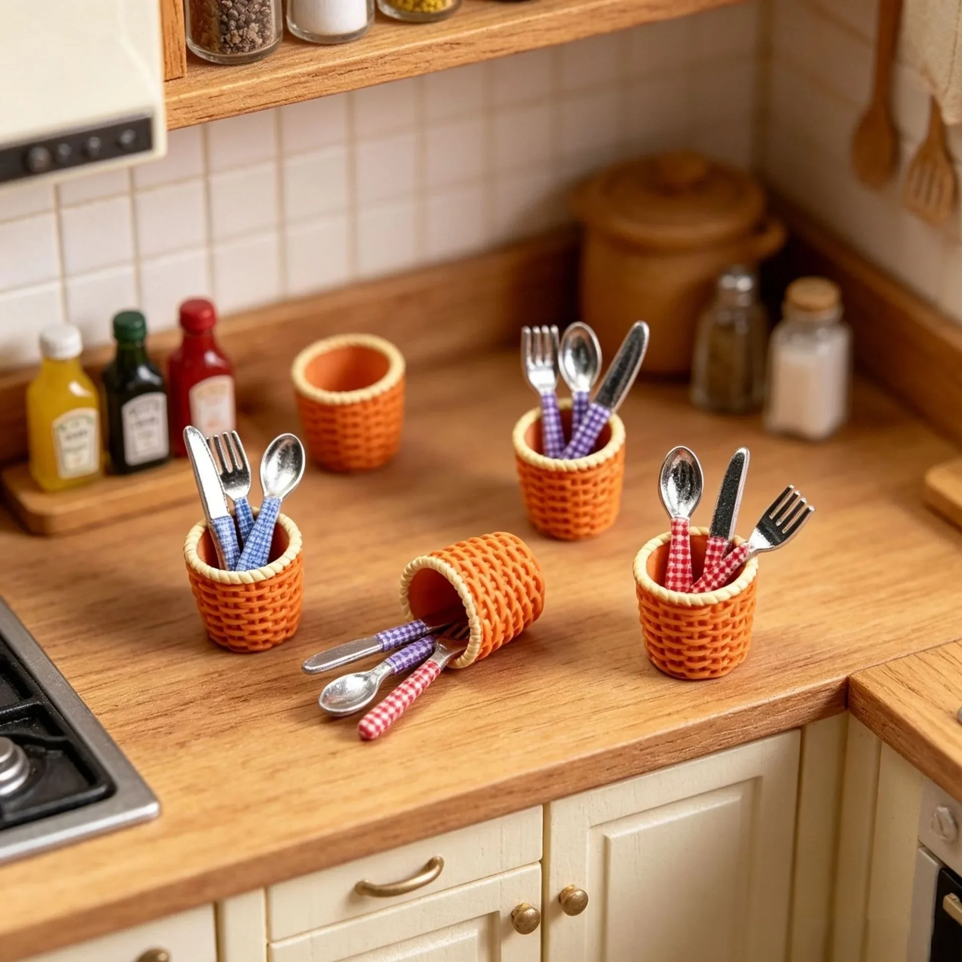 1Set Dollhouse Checkered Alloy Western Tableware, Mini Cutlery Simulation Model, Miniature Scene Decoration Ornaments
