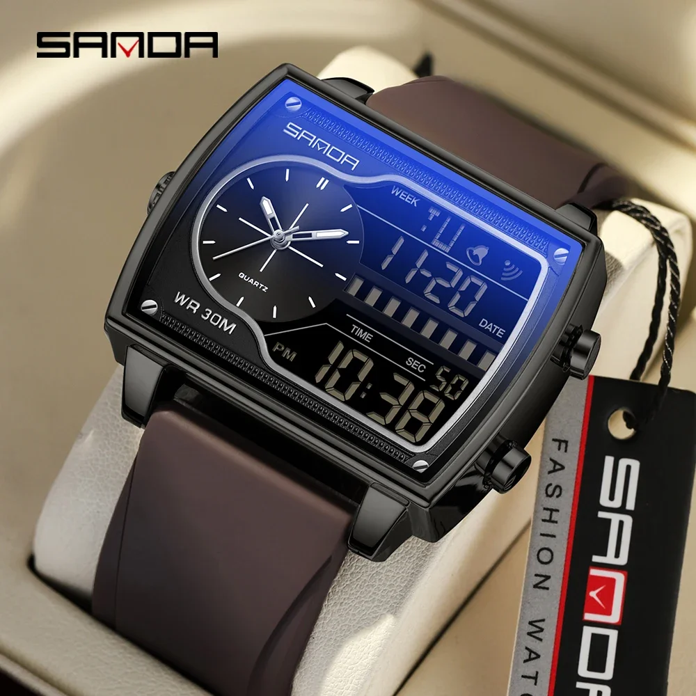 SANDA 6163 Fashion Trend Men's Quartz Watch Fashion Square Watch Countdown Sports Waterproof Dual Display Digital Men's Watches
