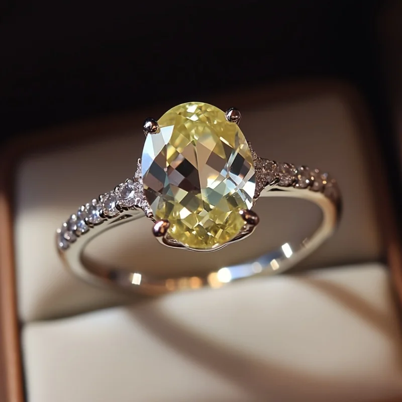 SGARIT Luxury Oval Natural Crystal Ring for Women 925 Sterling Silver Lemon Wedding Ring Engagement Jewelry