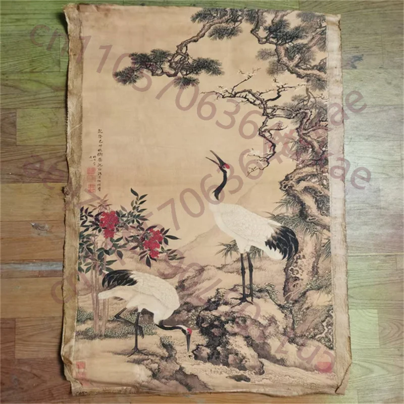 

China Old Scroll Painter's Rice Paper Wall Art Slice Shen Quan's Song Mei Double Crane Picture Traditional Asian Decor