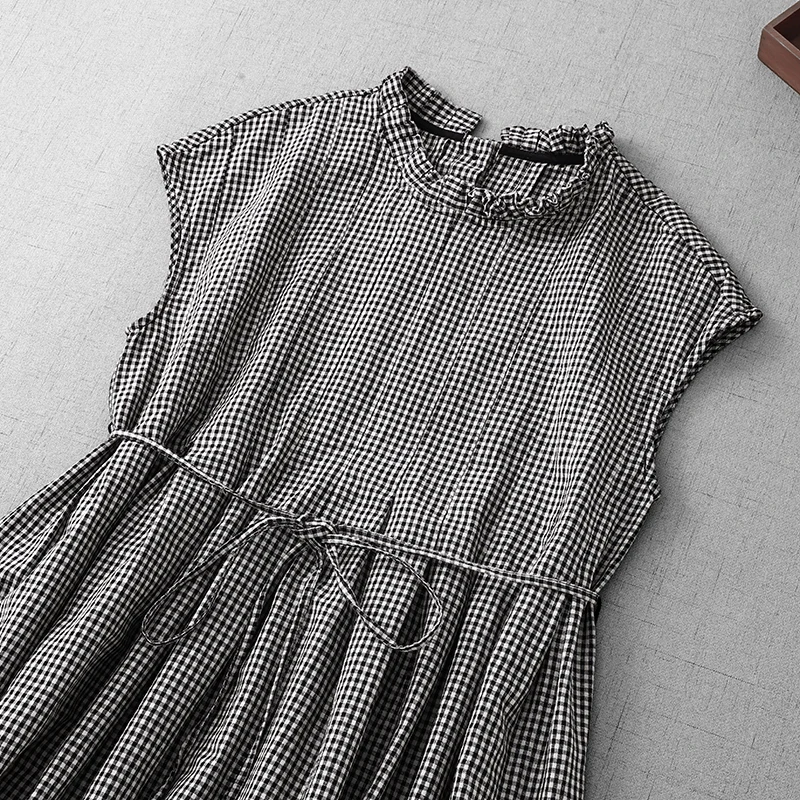 Vestido Midi Hoado de Verano a Cuadros Blancos y Nes, de Aodón, H a Mano, con Cinturón, Cintura Alta, Pado, Sin...