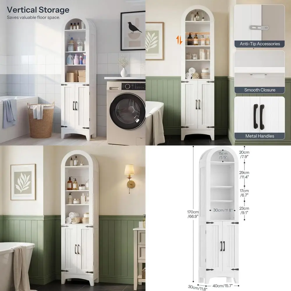 

67 Tall Narrow Storage Cabinet with 3 Adjustable Shelves, Arched Door Design for Small Spaces, White