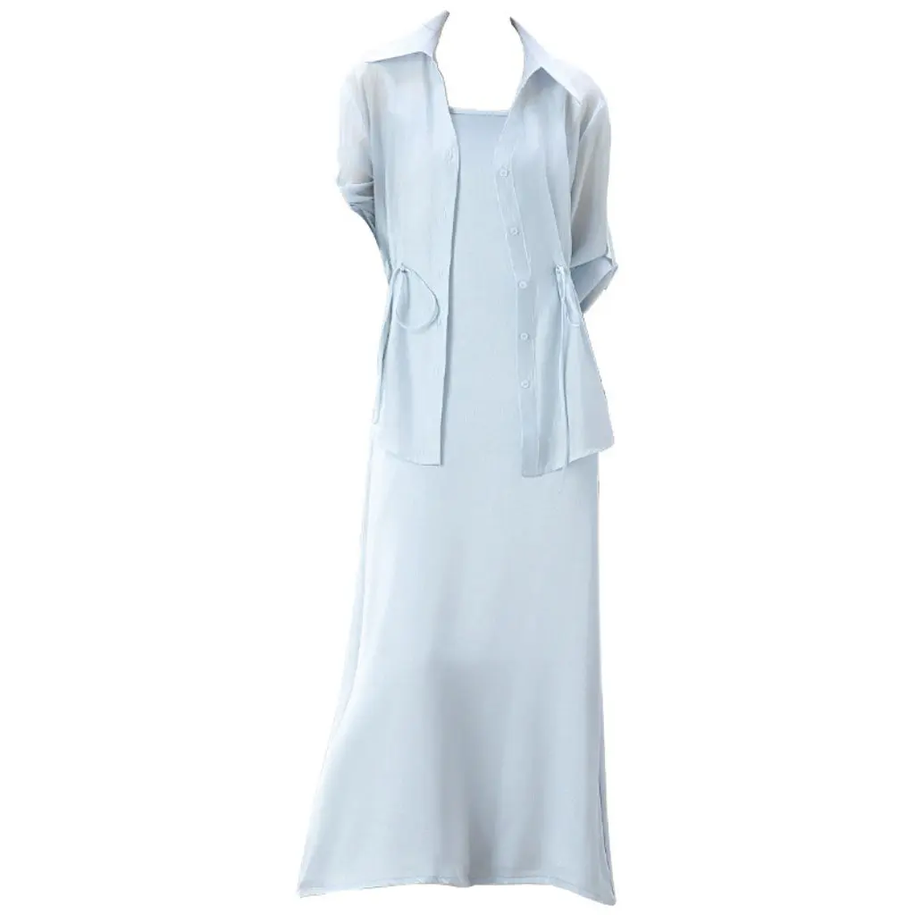 여성용 아이스 실크 펄 광택 새틴 블라우스와 스커트 투피스 세트 여름 슬림핏 룩 멜빵 원피스