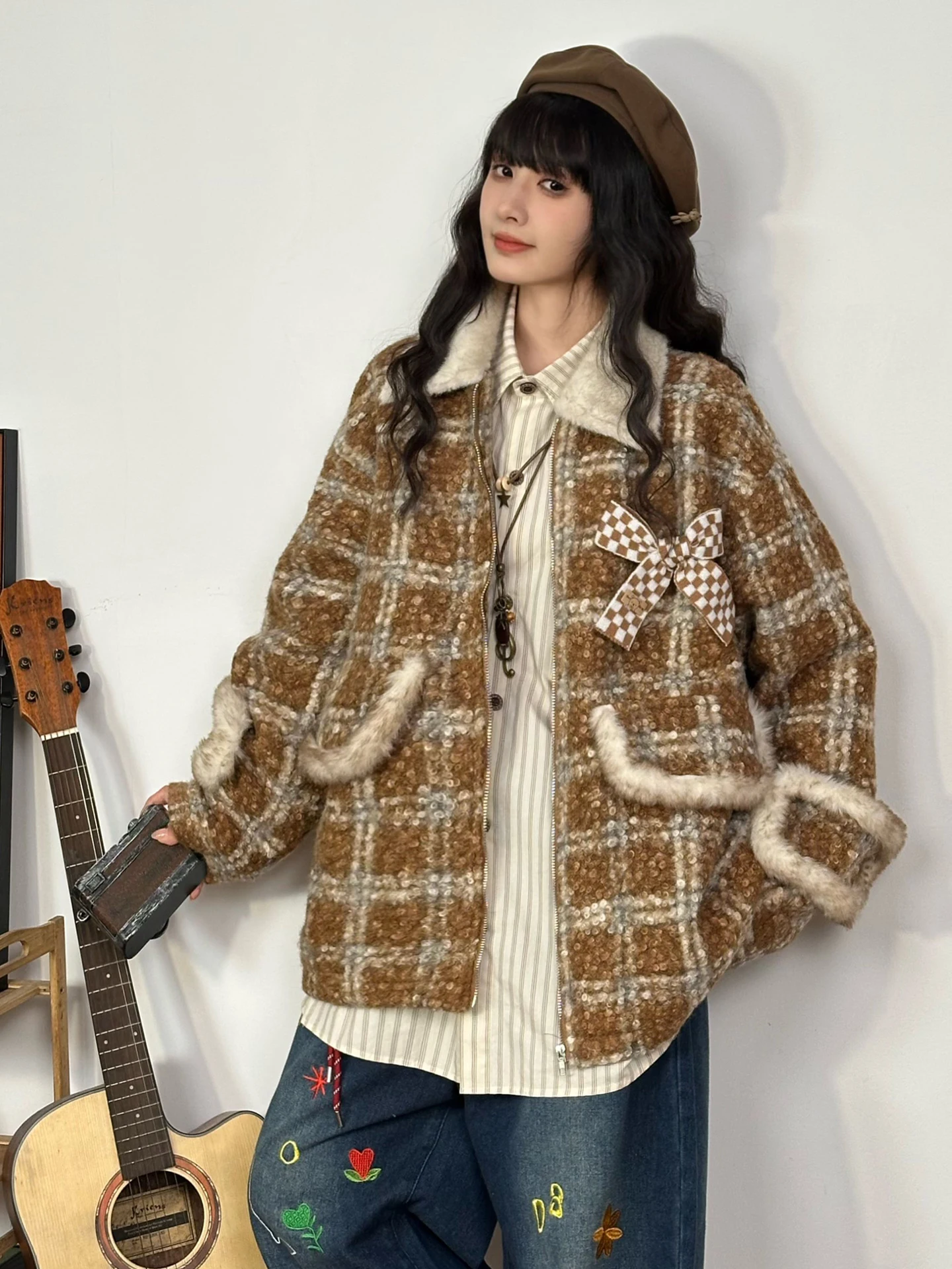 

Утепленная женская зимняя куртка из хлопка с клетчатым узором и вельветом, новая модель в корейском стиле, свободного кроя, на молнии, для уличного стиля