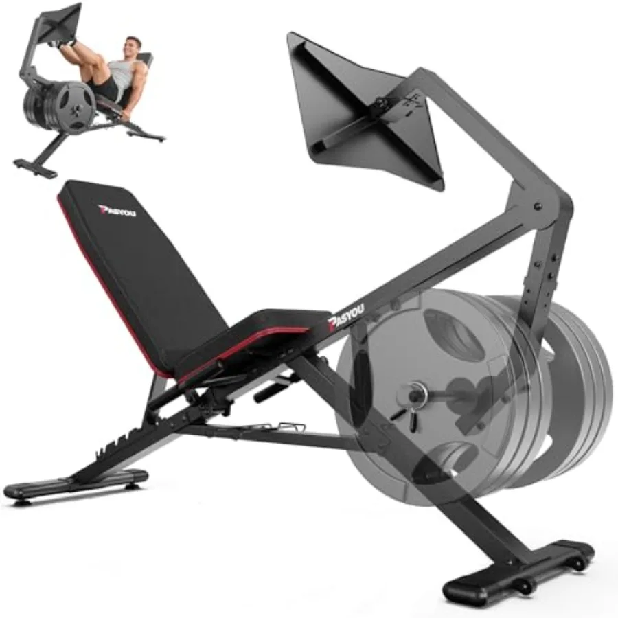 

Тренажер для жима ногами для домашнего спортзала с регулируемой платформой для ног и скамьей для жима для тренировки ягодиц, квадрицепсов и сухожилий задней поверхности бедра, черный, компактный дизайн