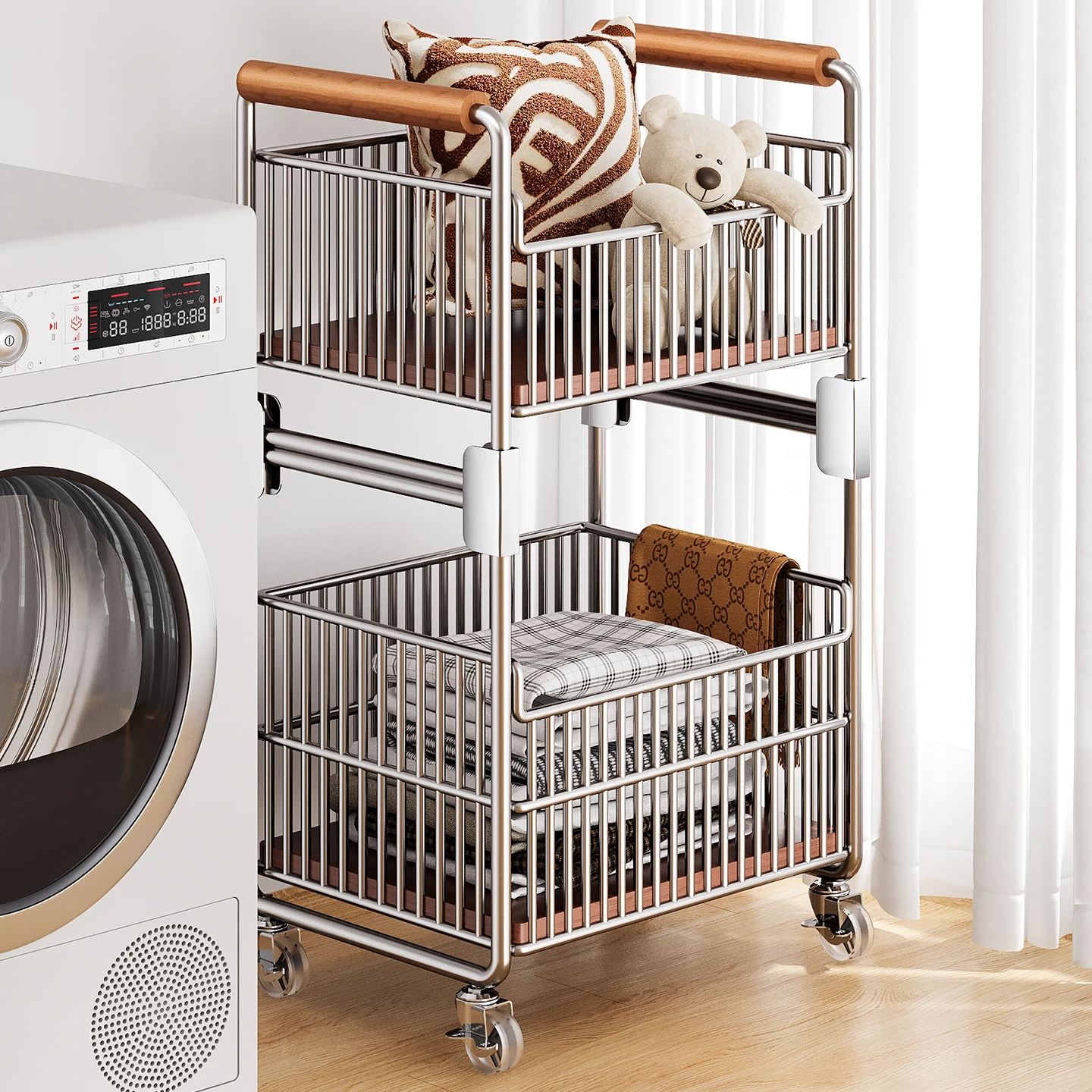 Dirty basket trolley rack toilet floor-to-ceiling double-layer removable home balcony bathroom storage dirty clothes basket