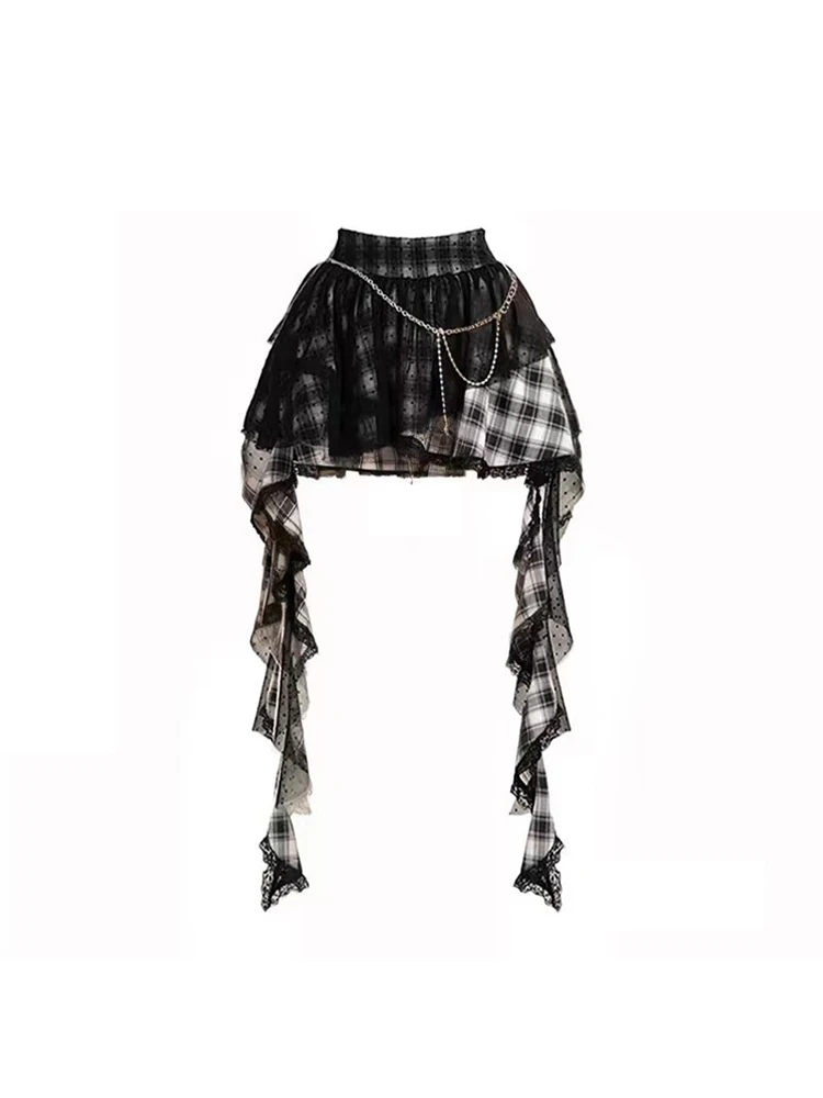 Women's A-line Plaid Skirt Y2k Black Gothic Asymmetrical Mini Skirts 90s Harajuku Korean Emo Skirt 2000s Vintage Clothes Summer