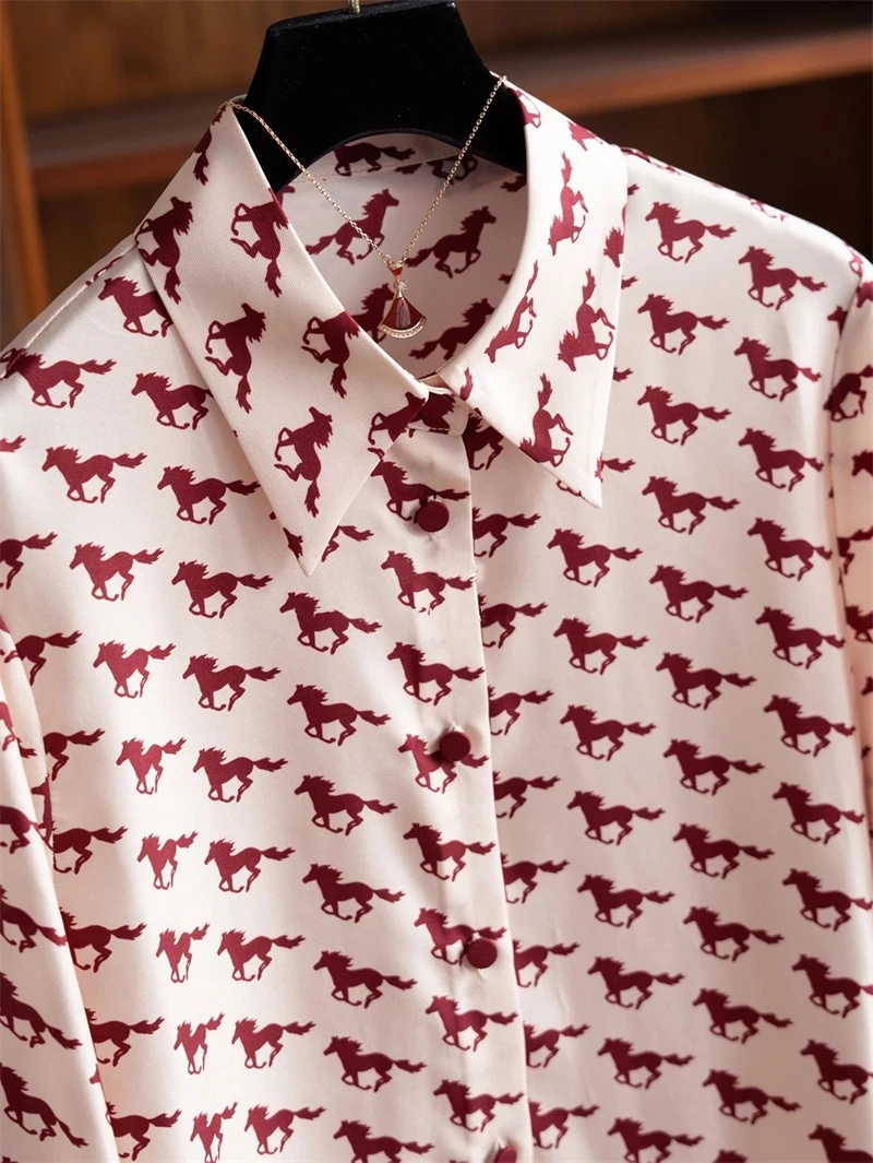 Luxury Design Women Shirt Vintage Satin Blouses 2025 Spring Summer Long Sleeve Elegant OL Silk Shirts G Horse Print Brand Shirt