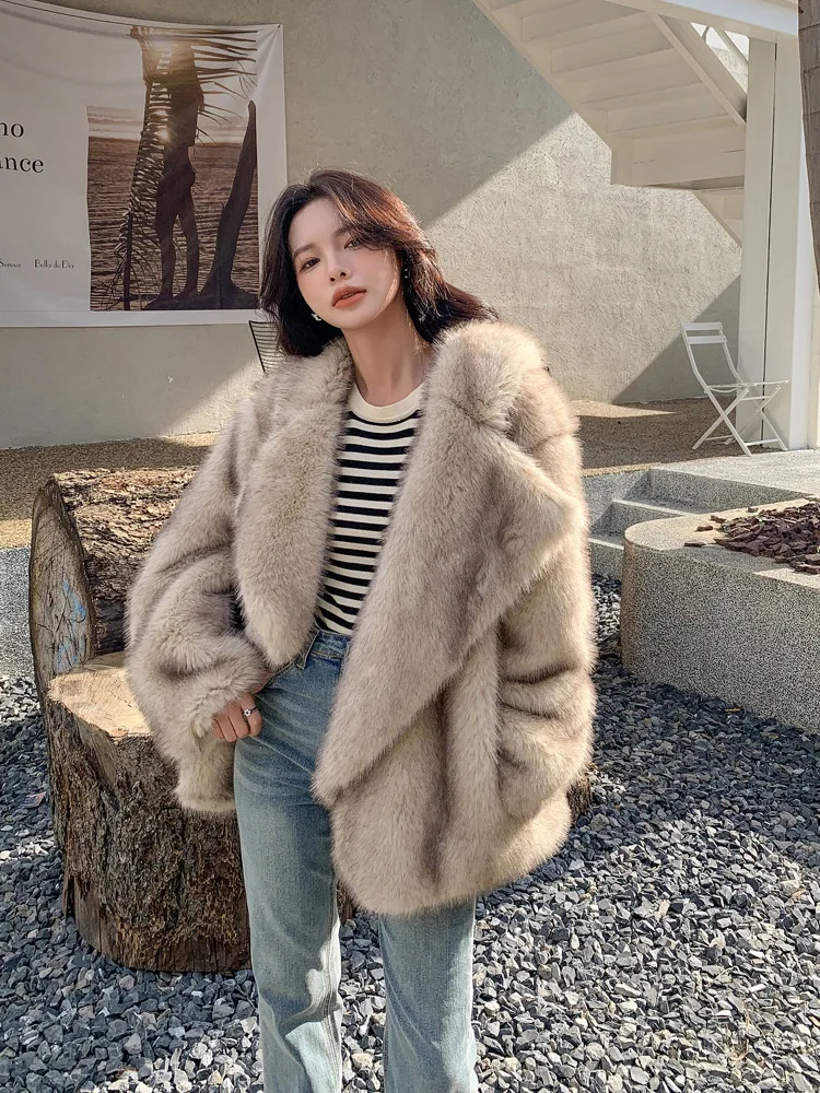 Faux Fur Coats Women Mid Length Coat Turn Down Collar Thick Overcoat Warm Y2k Streetwear Elegant Splice Outerwear Autumn Winter