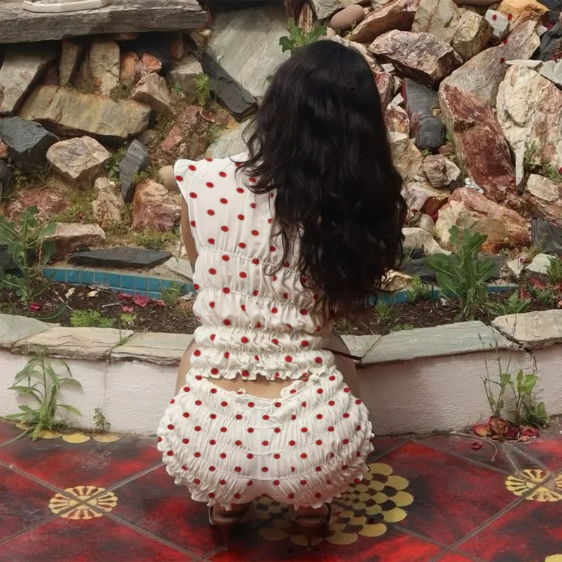 여성 Y2K 물방울 무늬 파자마 세트 스쿱넥 캐미탑 스모크 러플 반바지 투피스 라운지 세트 잠옷