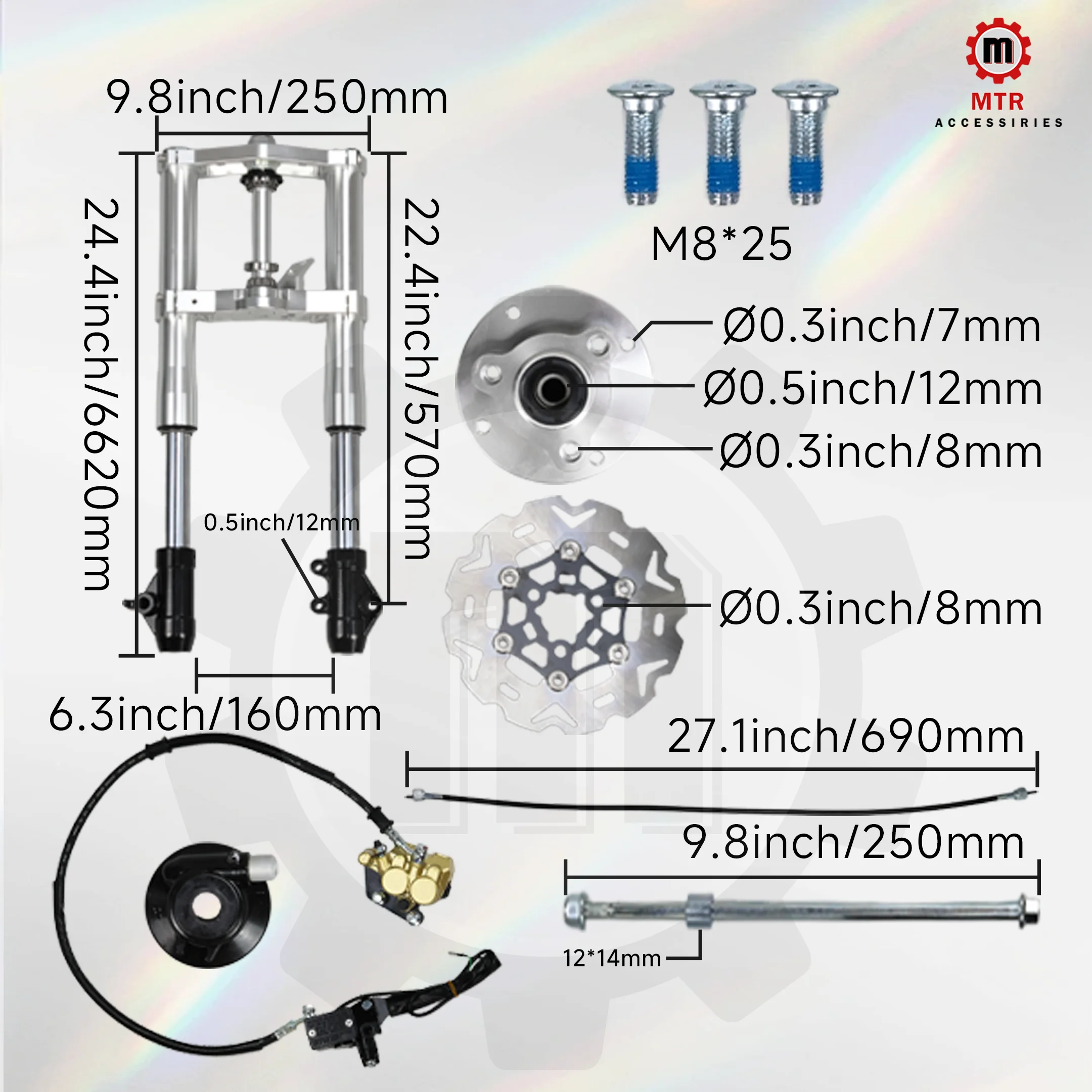 570mm Inverted Suspension Z50 Front Fork Kit 45mm Silver Dual-Piston Caliper Hydraulic Unadjustable for Monkey Z50 Motorcycles