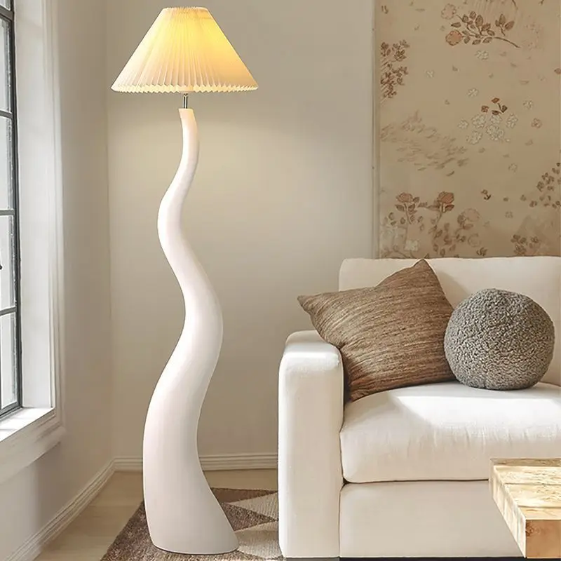 

Modern simple pleated cream style living room floor lamp light French bedroom study sofa vertical lamp