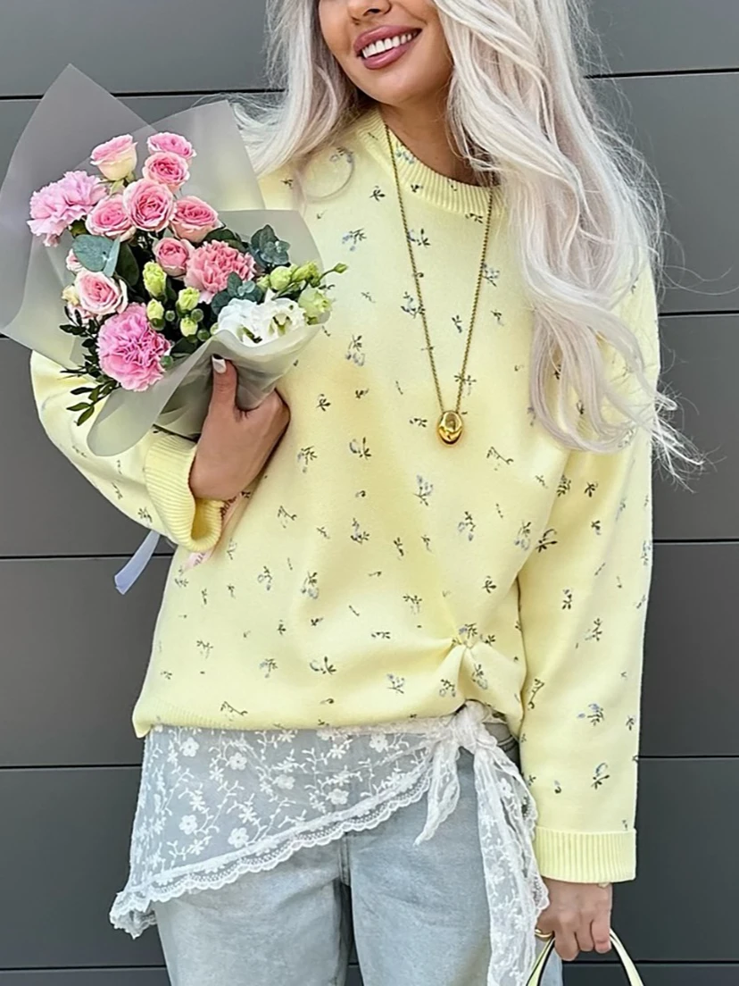 

Fashionable Women Casual Flower Yellow Round Neck Sweater Versatile Loose Autumn Long Sleeved Knitted Sweater Soft Top