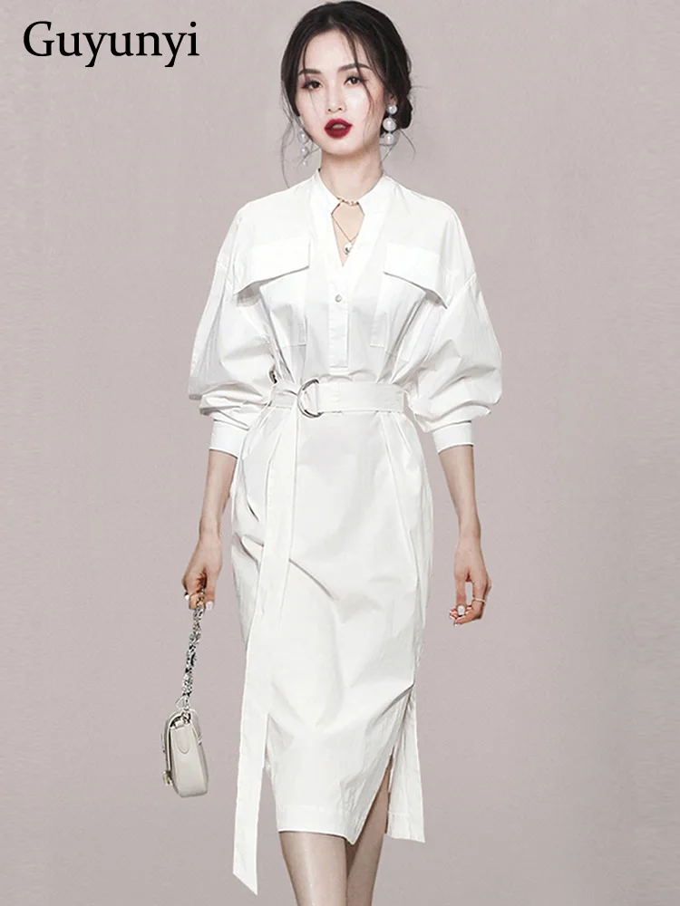

White Shirt Office Lady Dress Spring Casual V-Neck Batwing Full Sleeve High Waist Belt Temperament Elegant Party Dress Women