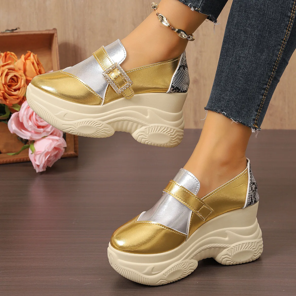 Women Water Brick Sneakers  Slip-On Leather Fashion Wedge Heels Zapatos De Mujer Woman Sports Shoes Platform Casual Shoes Ladies