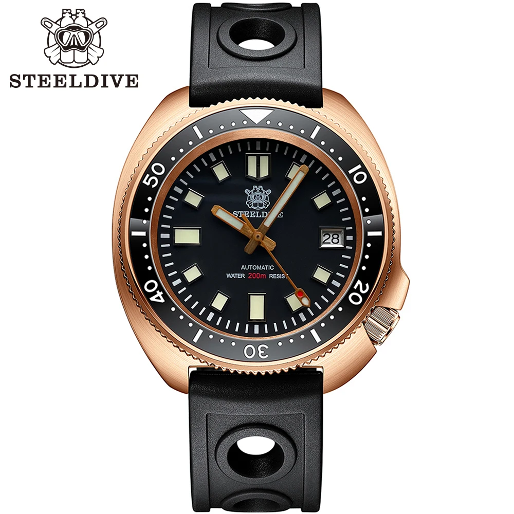 STEELDIVE Men Bronze Dive Watch 200M Water Resistant Ceramic Bronze Bezel Automatic Movement Wristwatch