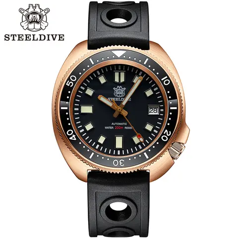 STEELDIVE Men Bronze Dive Watch 200M Water Resistant Ceramic Bronze Bezel Automatic Movement Wristwatch