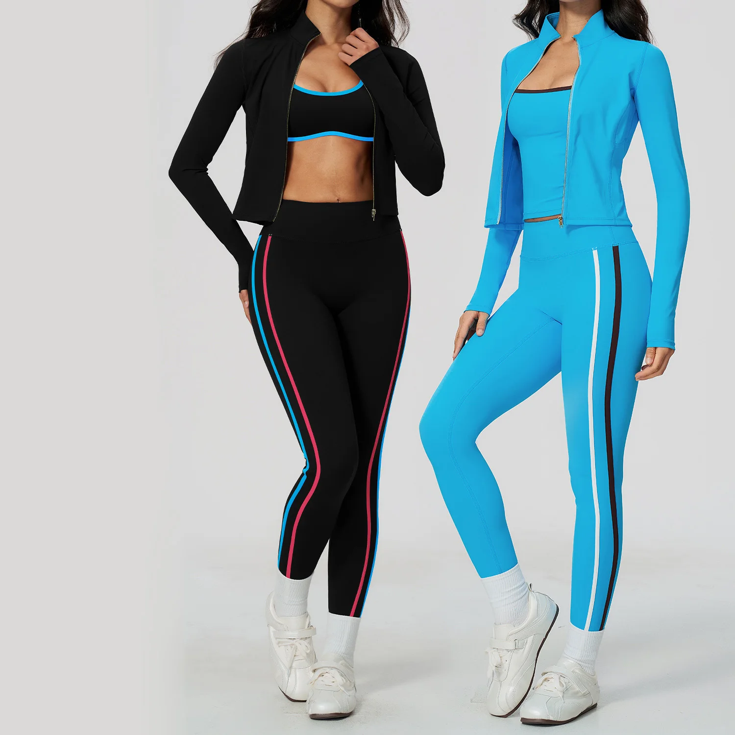 Women Block Color 3 Piece Set Gym Tracksuit Elastic Bra+Zip Jacket+Leggings Matching Street Sporty Fitness Street Shapewear