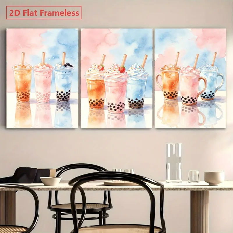 2D Flat, 2D Flat 3pcs 2D Flat Unframed Canvas Wall Art: Pastel Bubble Tea Watercolor Triptych, Modern Kitchen/Dining Room Dec