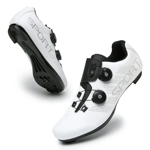 Zapatos de ciclismo para hombre y mujer, calzado blanco transpirable SPD con tacos autoblocantes, zapatos planos para bicicleta de montaña