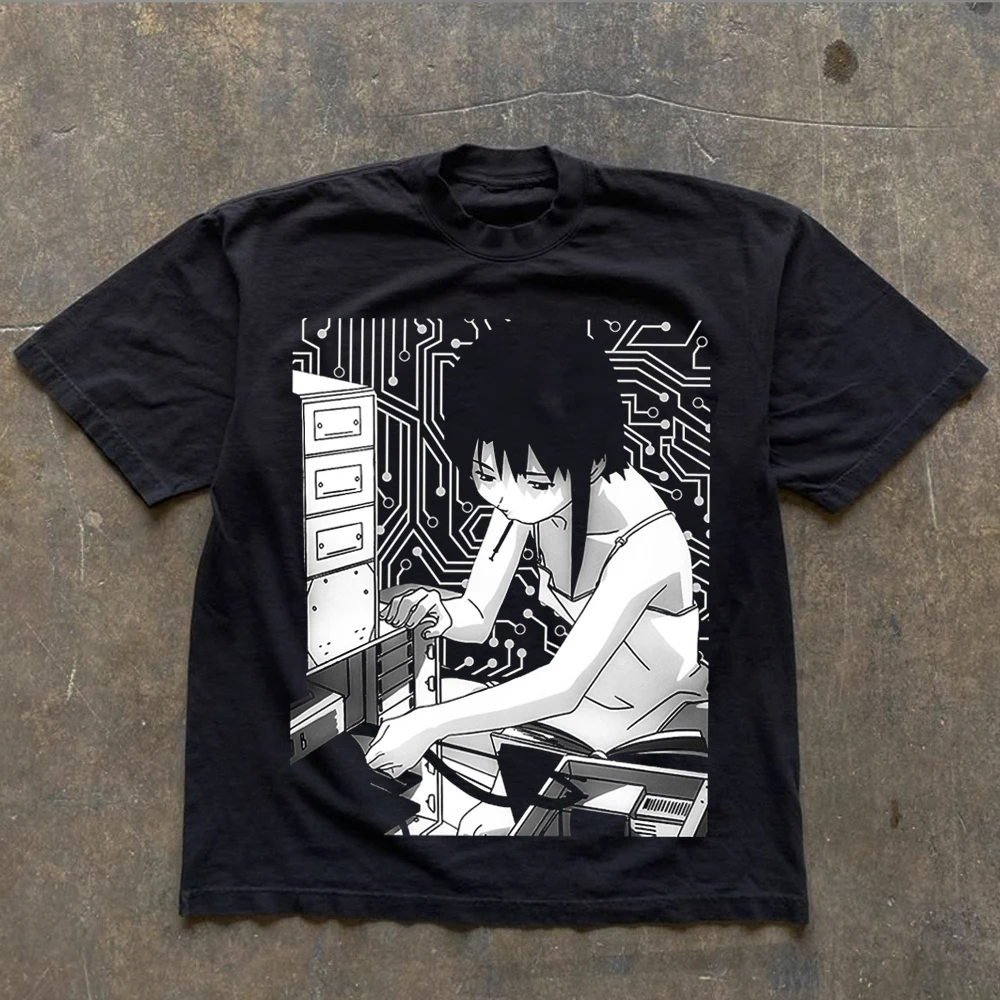 Anime Serial Experiment Lain Graphic Print Cotton T-shirt Japanese Manga Street Trend Clothing Men Women Harajuku Y2K Streetwear