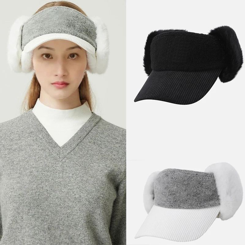 

P1024 Women Golf Hat 2025 New Winter Golf Wear with Fur Earmuffs Korean Original Sports Cap