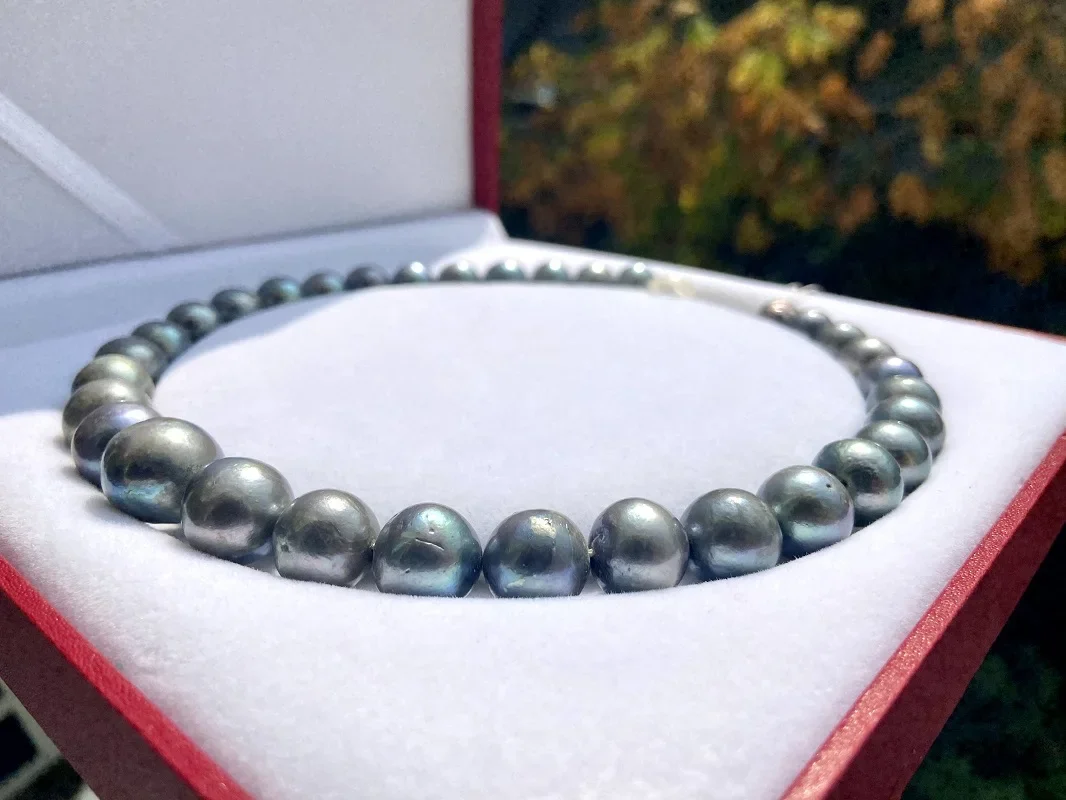 Genuine 925 Silver Women's Necklace 12-15mm Natural Sea Peacock Gray with Defect Pearl Long Necklace Fine Party Jewelry