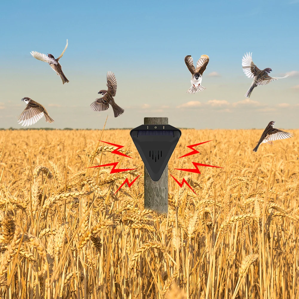 Solar Powered Outdoor Bird Repeller Device with Automated Sound and Light for Farms For Orchards and Agricultural Use