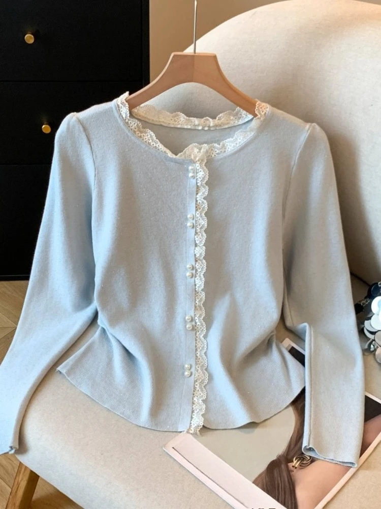 

Осень-зима 2025, корейский стиль, кардиган, свитер, женское новое модное кружевное вязаное пальто с длинными рукавами, элегантная шикарная винтажная одежда