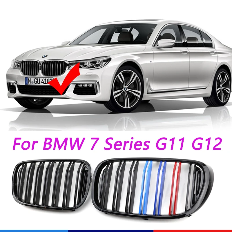 

2PCS Car Front Kidney Grills Grille Replacement Grill for BMW 7 Series G11 G12 2015-2019 Double Slat Line Gloss Black Grilles